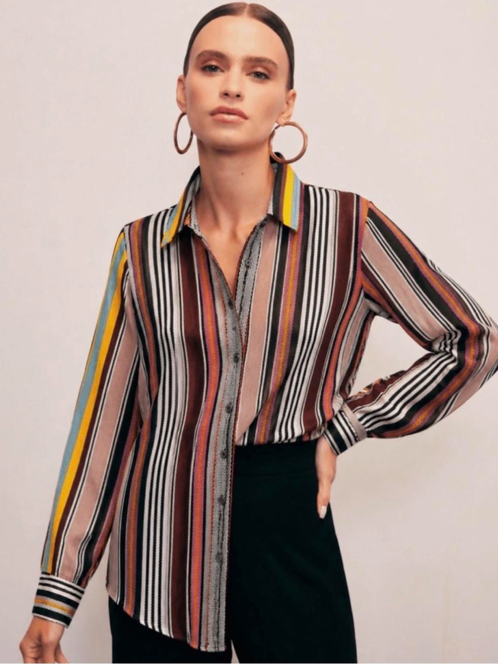 Tory Burch Striped Button-Down Shirt in Brown, Black, Yellow and Pink